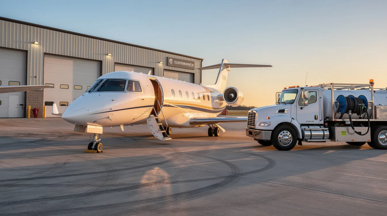 A midsize business jet is parked on an FBO ramp, with a fuel truck nearby ready for aviation operations, while a hangar stands in the background, highlighting the efficient jet services offered by McClellan Jet.