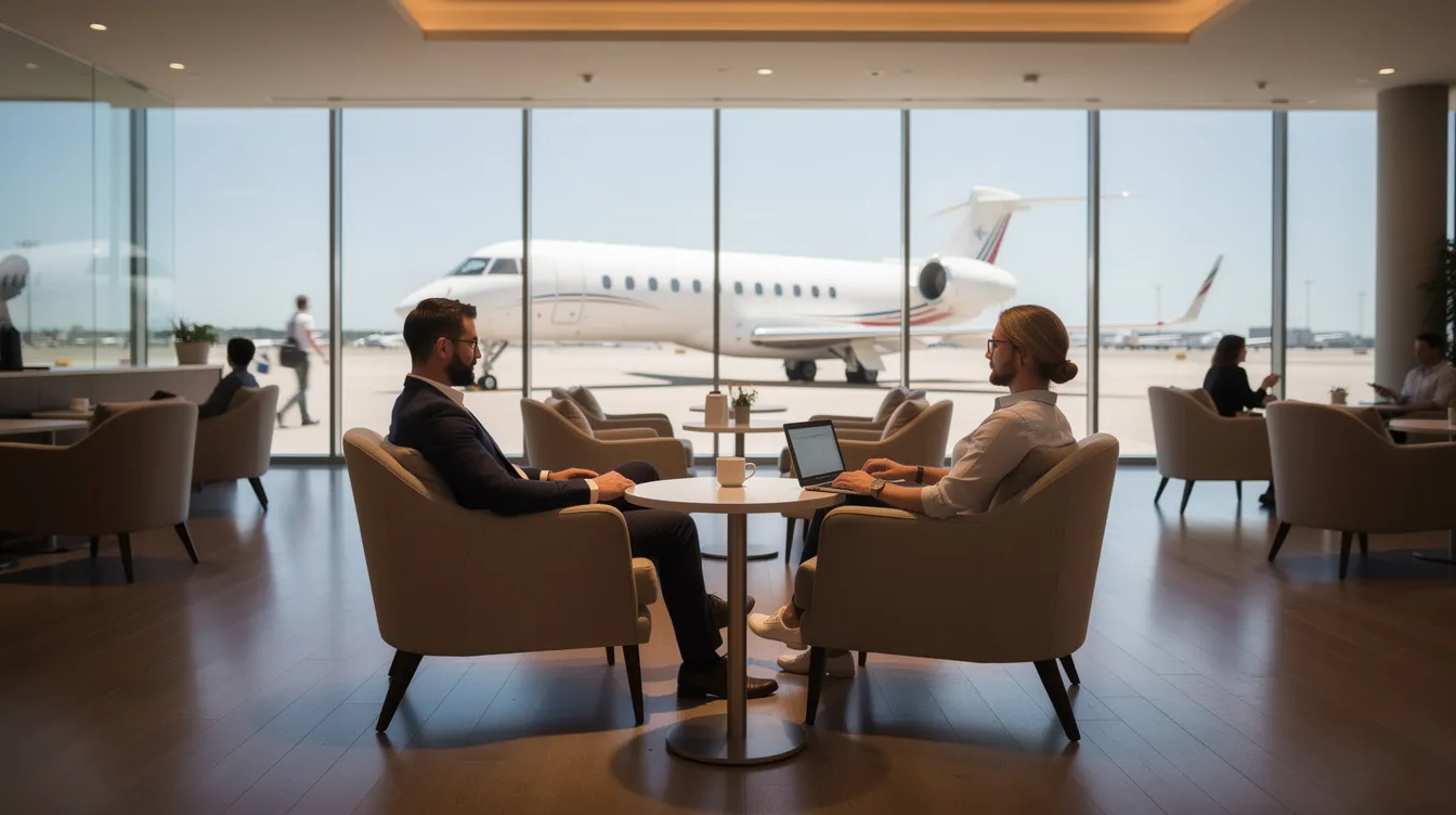 A person is seated in a contemporary airport lounge, focused on their laptop, while large windows reveal a private jet on the tarmac, highlighting the luxurious side of aviation operations and McClellan jet services. The scene captures a blend of comfort and transportation efficiency, perfect for clients looking to stay connected before their flight.