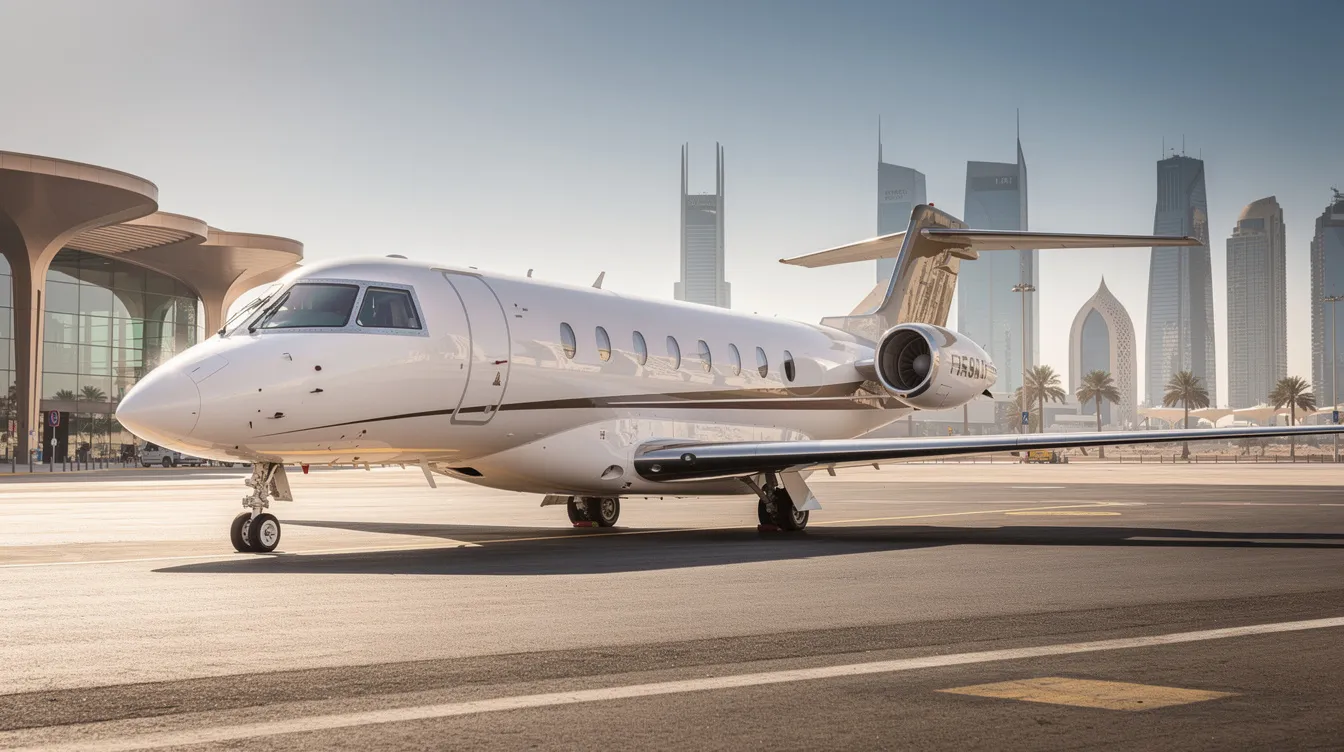 A sleek private jet is parked on a sunlit tarmac at a modern Middle Eastern airport, with a vibrant city skyline of Riyadh in the background, showcasing the blend of luxury travel and urban architecture in Saudi Arabia. The scene captures the essence of the kingdom's growing influence and modernization in aviation.