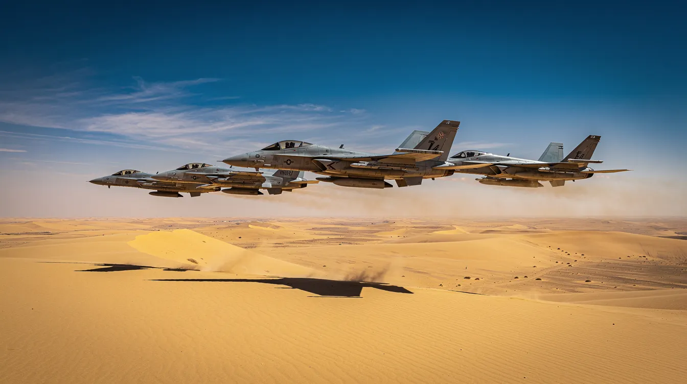 A formation of military fighter jets is soaring over a vast desert landscape, with a clear blue sky above, symbolizing defense cooperation between Saudi Arabia and its allies in the Middle East. The powerful aircraft highlight the ongoing military presence in the region, as reported by Saudi media.