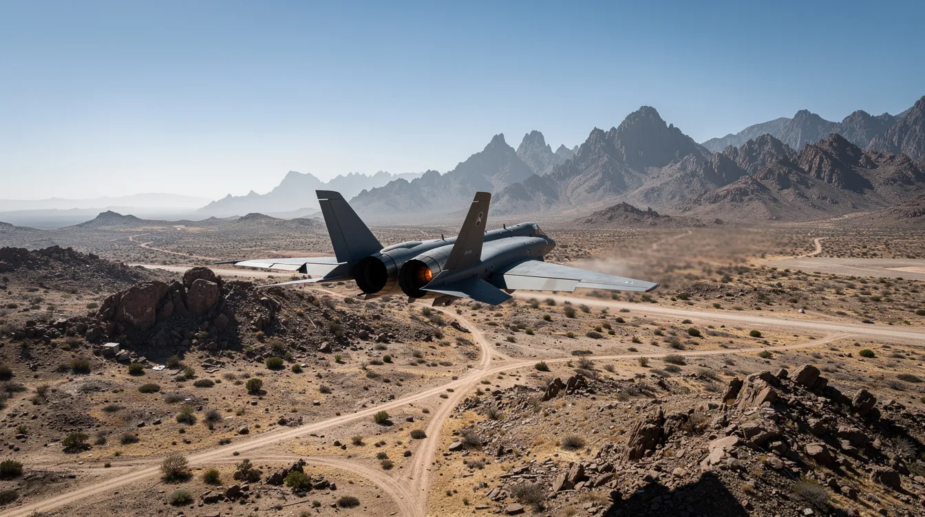 A fighter jet is flying low over rugged, arid terrain with mountains in the background, showcasing the military capabilities of Saudi Arabia in the region. This image reflects the ongoing defense cooperation and strategic military presence in the Middle East.