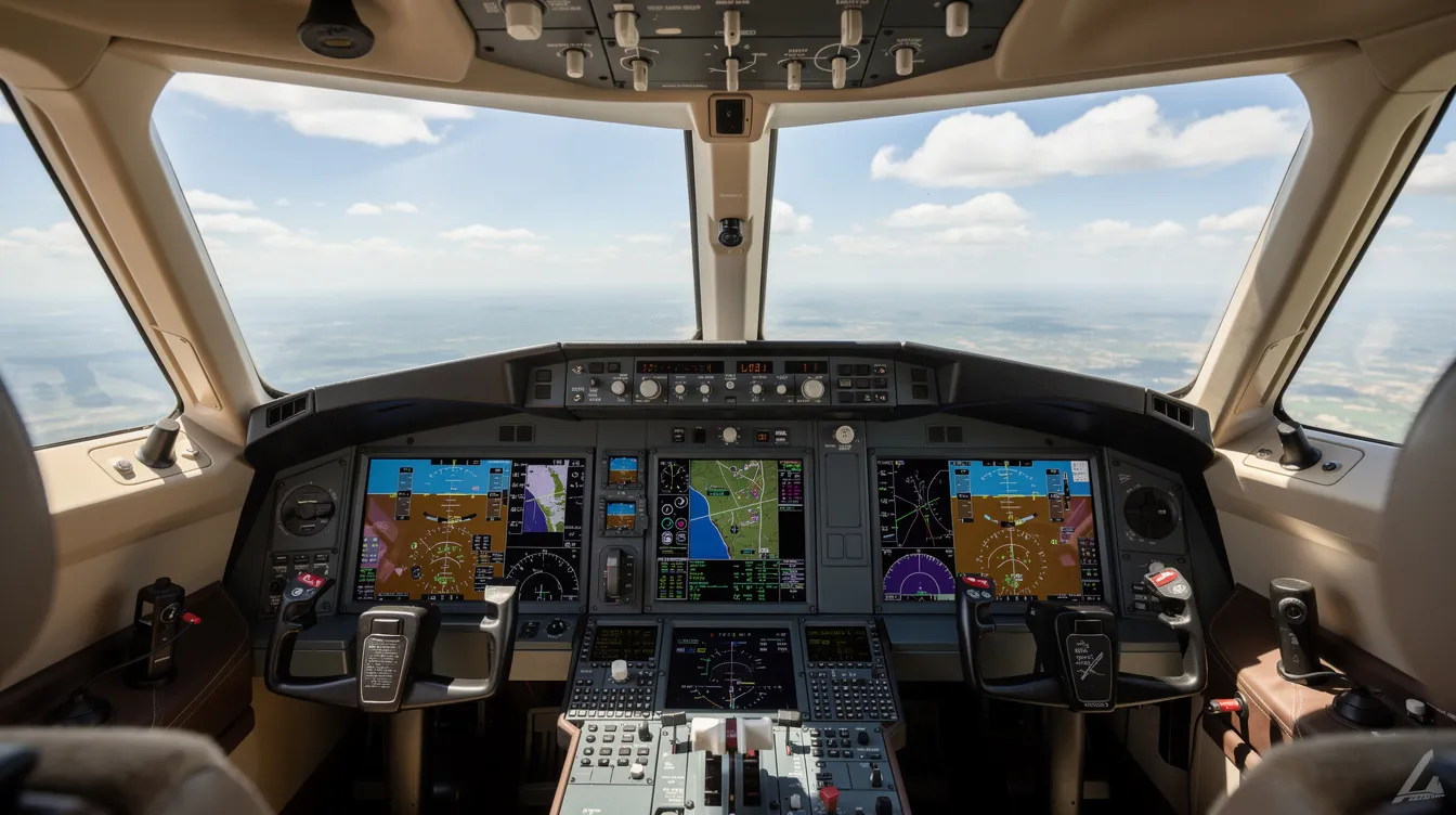 The image shows a view from inside a business jet cockpit, featuring modern avionics displays and a clear horizon, indicating the aircraft is in flight. The cockpit is designed for optimal navigation and control, showcasing the advanced technology used in aviation today.