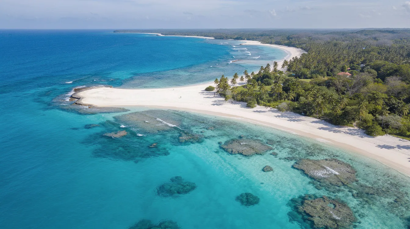 An aerial view showcases a stunning tropical island coastline, featuring vibrant turquoise waters lapping against soft white sandy beaches. This picturesque scene evokes a sense of wanderlust, perfect for planning your next trip with airlines like Eurowings Discover, known for their long haul routes and partnerships within the Lufthansa Group.