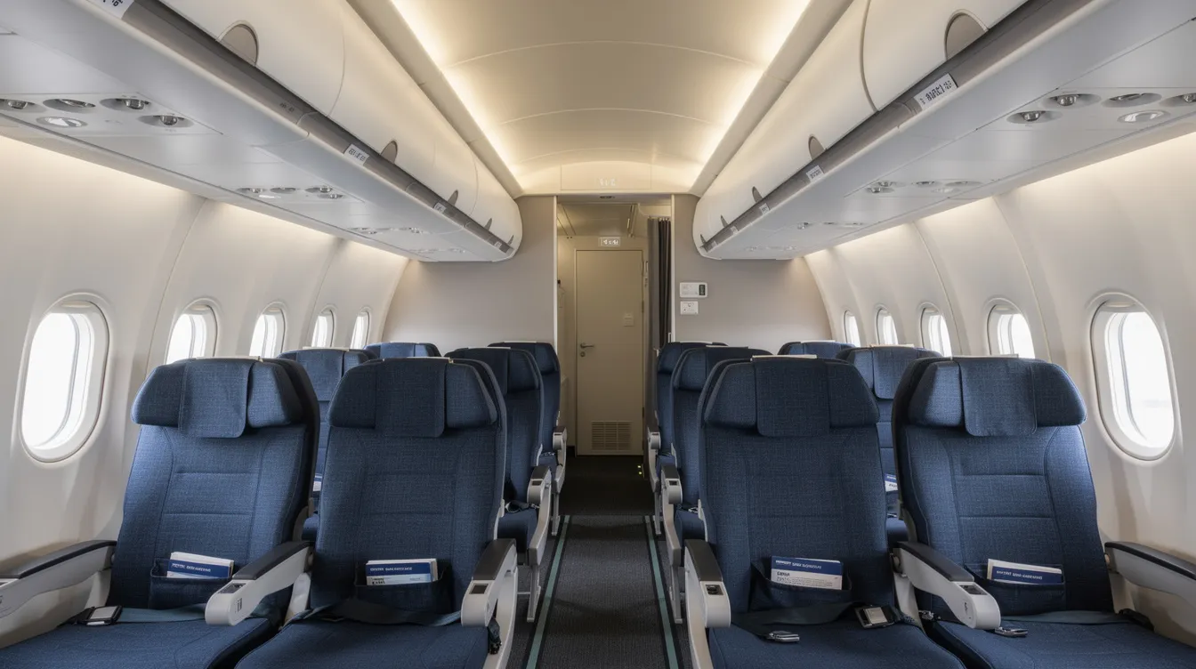 The image shows the interior of an airplane cabin featuring rows of comfortable seats, overhead bins, and soft ambient lighting, creating a welcoming atmosphere for passengers on their next trip. This setting is typical of eurowings flights, known for their long haul routes and partnerships within the Lufthansa group.