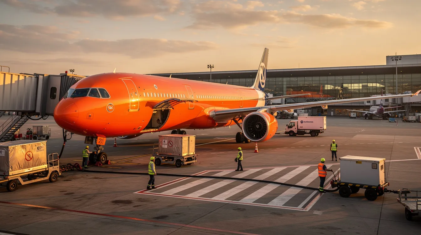 A wide-body Airbus aircraft, part of the Eurowings fleet, is parked at an airport gate during golden hour, with ground crew members preparing for its next trip. The warm light highlights the aircraft's sleek design, showcasing its readiness for long haul routes under the Lufthansa Group.