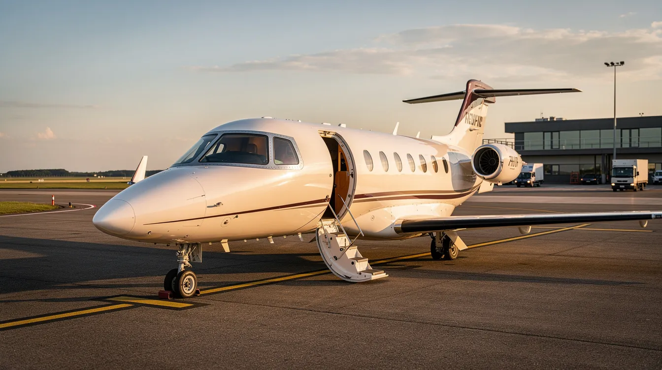 A small private jet is parked on the tarmac of a regional airport, with its cabin door open and stairs extended, ready for passengers to board. This scene captures the essence of exclusive travel, reminiscent of the comfort and convenience offered by airlines like Eurowings Discover, part of the Lufthansa Group.