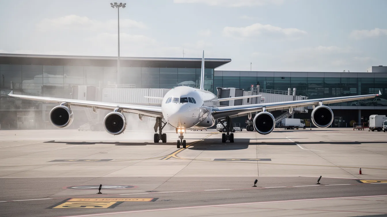 A long Airbus A340-600 aircraft, known for its four engines and impressive fuselage length, is taxiing on a wide airport taxiway, with terminal buildings visible in the background against the clear skies. This scene captures the essence of airline operations as the aircraft prepares for its next flight.