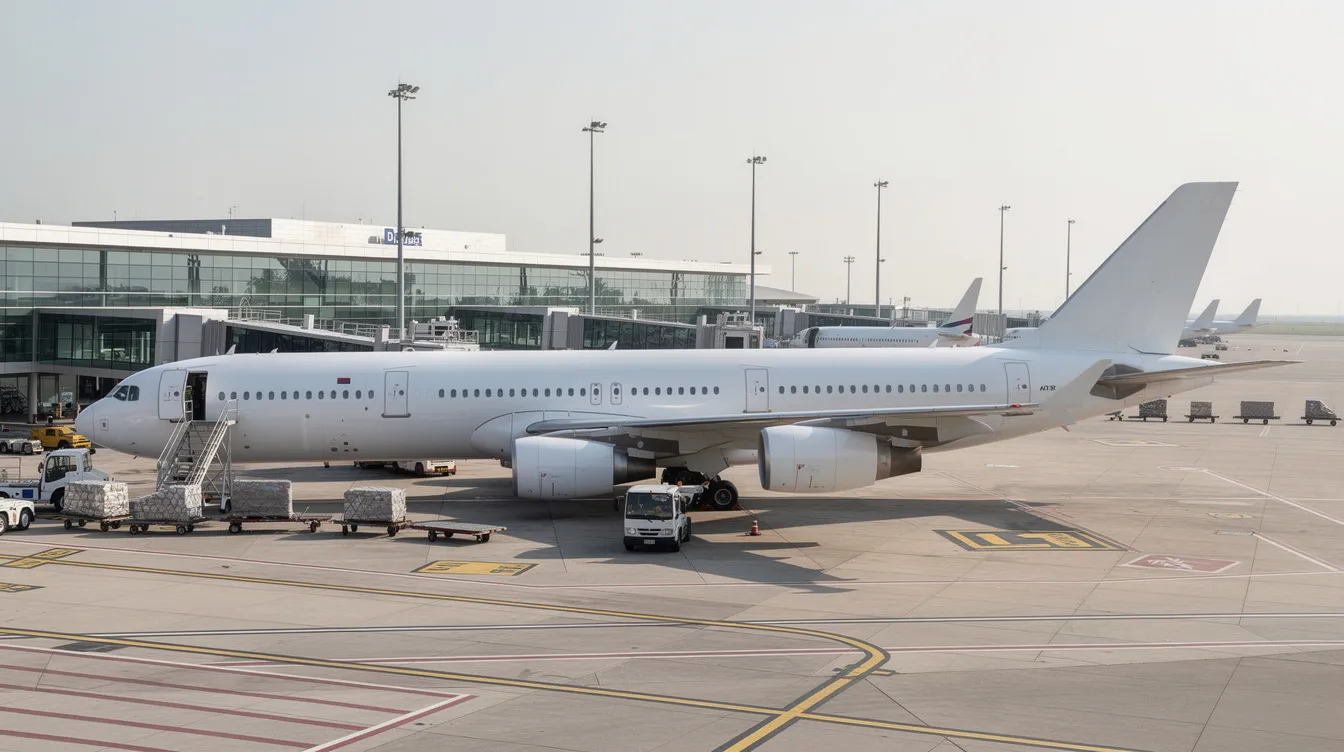 A wide-angle photograph captures a white Airbus A340-600, a four-engine widebody airliner, parked at a bustling international airport gate. The image emphasizes the aircraft's long fuselage and sleek design, showcasing its impressive length compared to the surrounding airport environment.