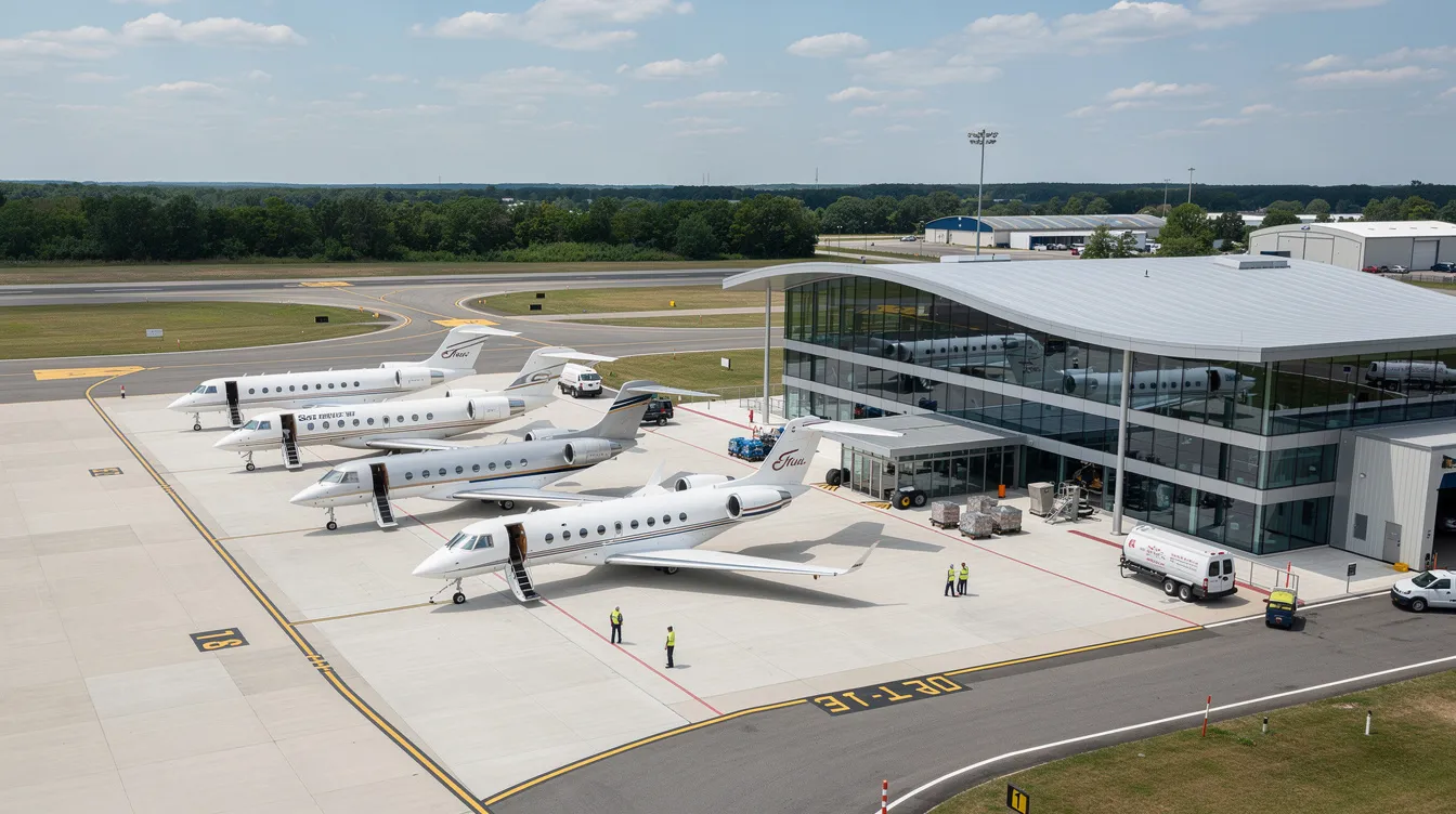 An aerial view of a private aviation terminal showcases several private jets parked on the apron, highlighting the luxury of private jet travel. The scene emphasizes the importance of private jet charter services for business aviation and leisure flights, accommodating up to eight passengers.