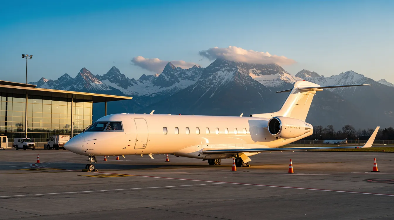 A sleek private jet is parked on the tarmac of a European airport, with majestic mountains rising in the background, showcasing the beauty of private aviation. This scene highlights the allure of private jet travel, ideal for business meetings or leisurely getaways, accommodating up to seven passengers with luxurious comfort.