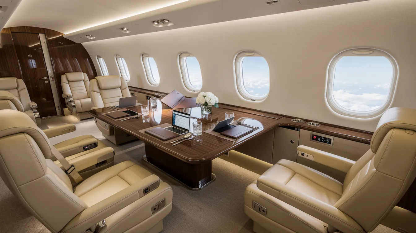 The image depicts the interior of a heavy jet cabin featuring luxurious leather seats arranged around a sleek conference table, designed for business aviation. This space can accommodate up to eight passengers, ideal for private jet charter flights and meetings in the sky.