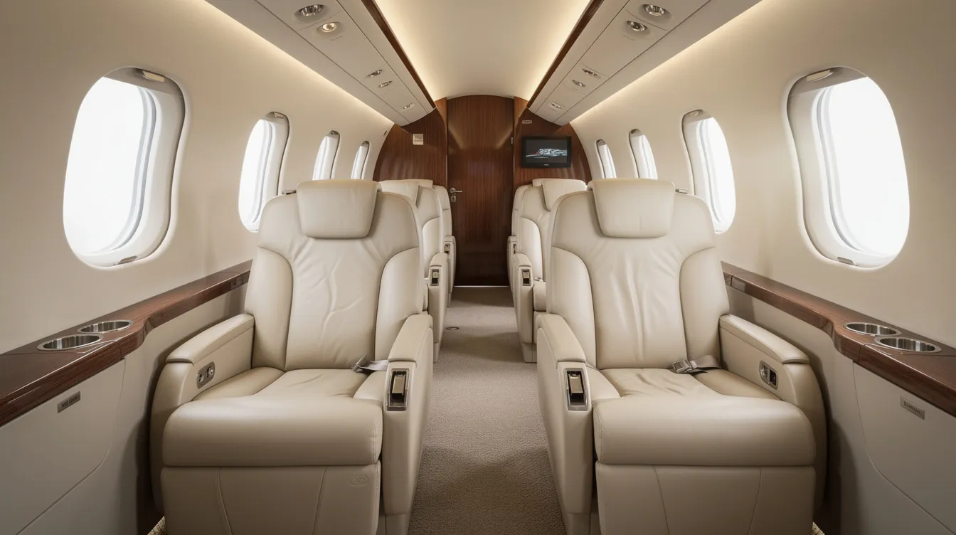 The interior of a midsize business jet features plush leather seats arranged along a narrow aisle, providing a luxurious travel experience. Ideal for those looking to explore Colombia, this elegant cabin design emphasizes comfort and style.