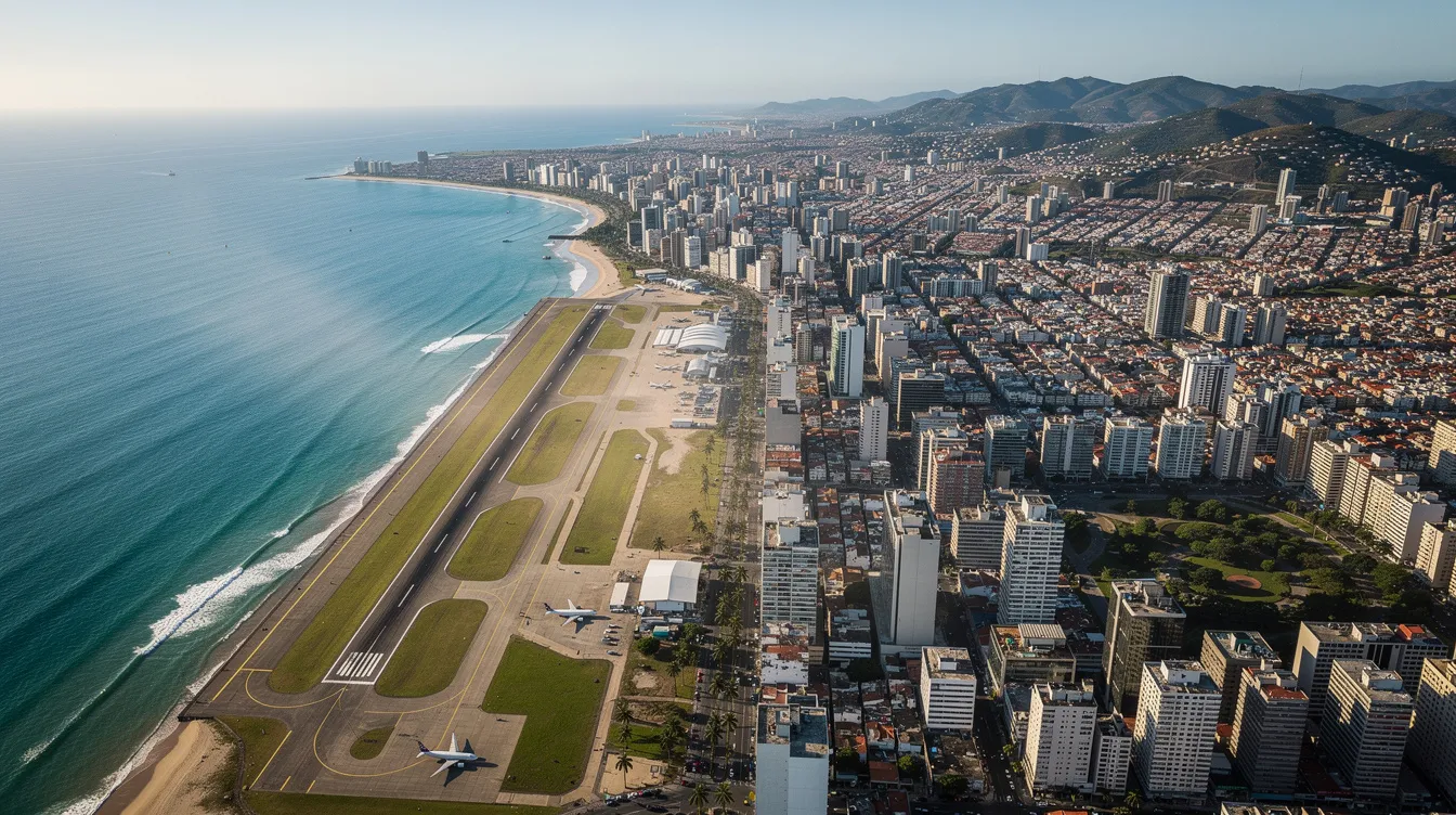 An aerial view showcases a vibrant coastal city in South America, likely Colombia, with an airport runway prominently positioned near the shimmering water, inviting exploration of its beautiful surroundings.