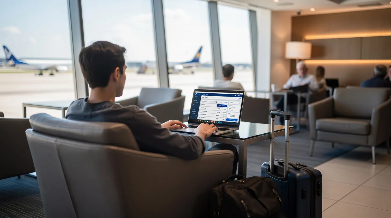 A person is seated at a laptop in an airport lounge, exploring flight options on the screen, possibly considering travel to Colombia. The environment is bustling with fellow travelers and comfortable seating.