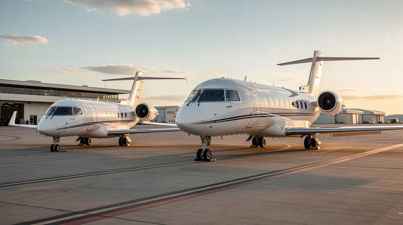 The image shows three private jets of varying sizes parked on an airport ramp, illustrating the options available in private aviation from a small light jet to a larger midsize jet. This visual highlights the luxury of private flight and the flexibility it offers for travelers seeking cost-effective and convenient air travel solutions.