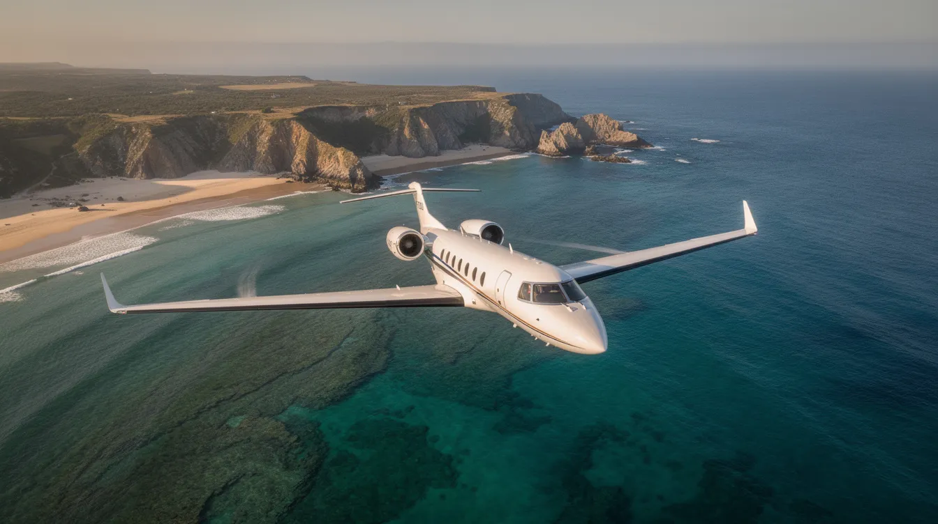 An aerial view showcases a private jet soaring above a stunning coastline, with vibrant turquoise waters glistening below. This image highlights the luxury of private aviation, offering unparalleled convenience for travelers seeking efficient and cost-effective private flight options.