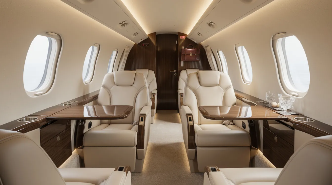 The image depicts the interior of a midsize private jet cabin featuring cream leather seats and elegant wood trim, designed to accommodate seven to nine passengers in luxury and comfort. This private flight space exemplifies the convenience and sophistication of private aviation, making it ideal for important business meetings or leisure travel.