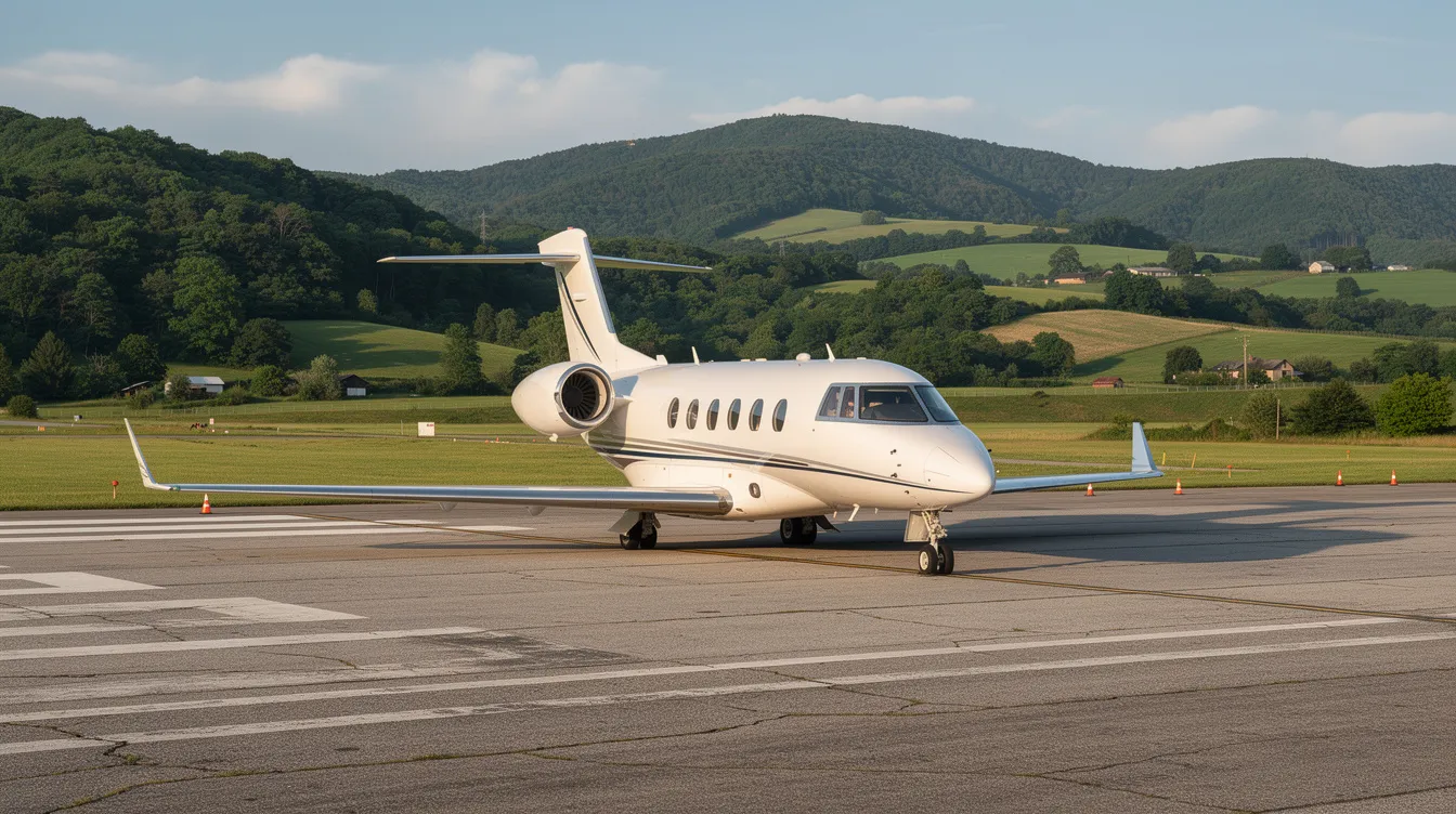 A small private jet is parked on a quiet regional airport runway, with lush green hills in the background, creating a serene travel scene that evokes the luxury of flying with Delta. This picturesque setting is ideal for those seeking a good deal on domestic flights or award travel options.
