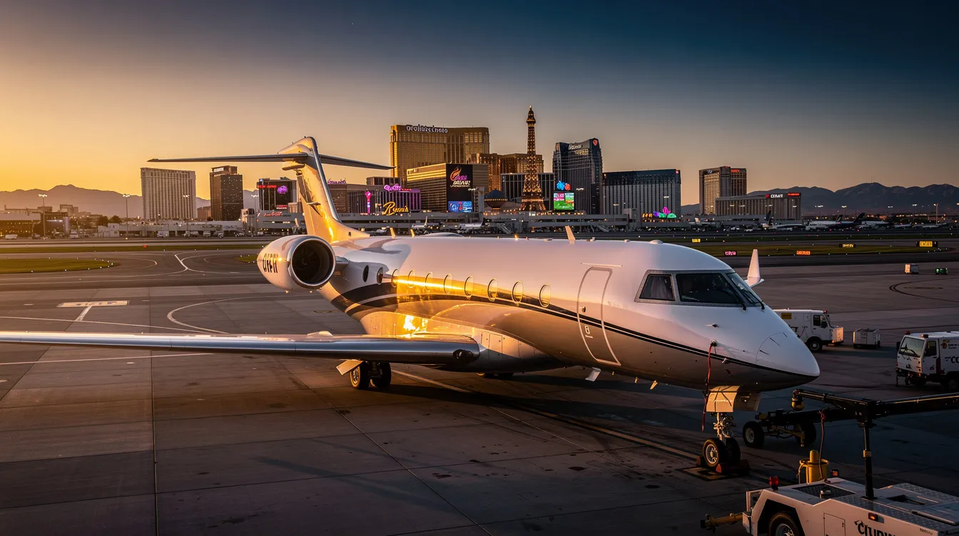 The image depicts a sleek private jet parked on the tarmac of Harry Reid International Airport in Las Vegas, showcasing the luxury of air travel in this vibrant city. The aircraft stands out against the bright blue sky, highlighting the convenience of direct flights to popular destinations like Las Vegas.