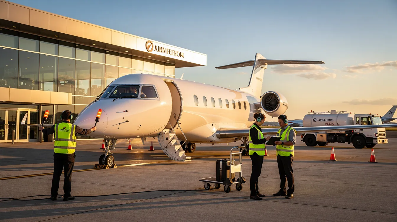 A private jet is parked on a tarmac at an FBO facility, with ground crew members nearby preparing for its arrival. The scene captures the essence of aviation, showcasing the operational aspects of private flights as part of the larger airline network.