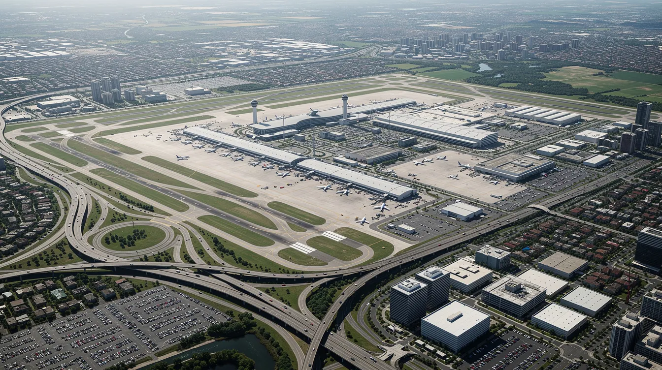 An aerial view of a large commercial airport showcases multiple runways and taxiways, surrounded by city infrastructure, highlighting the extensive network of airlines and destinations, including Delta Air Lines and its international routes. The image captures the hub of aviation activity, reflecting the airport's role in connecting various regions across six continents.