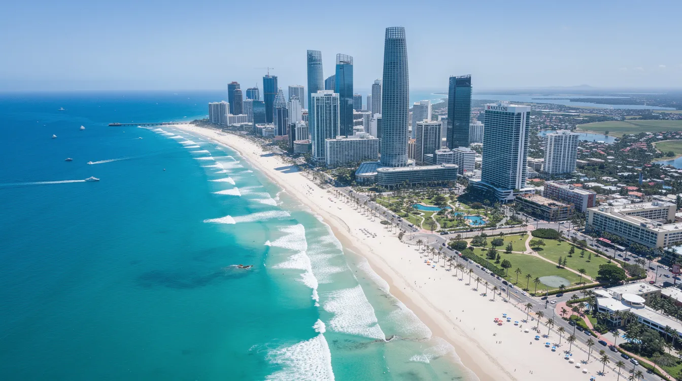 An aerial view captures a stunning coastal city skyline, framed by sparkling turquoise waters and pristine white sandy beaches. The vibrant scene showcases the allure of private jet travel, where business travelers can enjoy luxurious flights to their final destination, surrounded by natural beauty.
