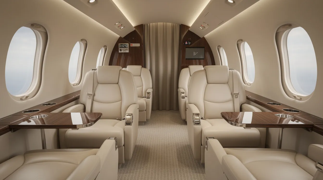 The image depicts the interior of a small private jet cabin, featuring cream leather seats arranged in a club configuration, complemented by soft lighting that creates a luxurious atmosphere. This spacious cabin is ideal for private jet travelers seeking comfort during their flights.