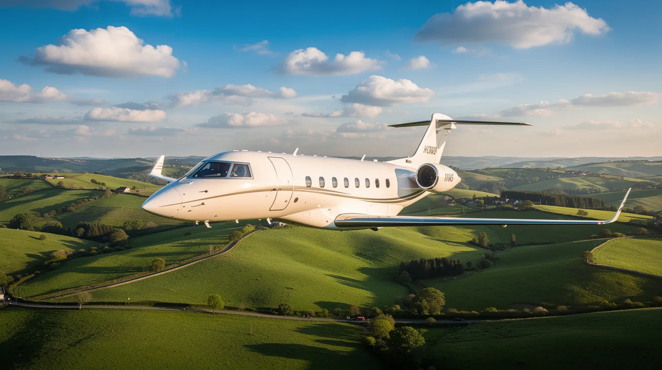 A sleek light private jet soars above lush green rolling hills, surrounded by scattered clouds, showcasing the elegance of private aviation. This image captures the essence of private jet travel, ideal for business travelers seeking efficient and luxurious flight options.