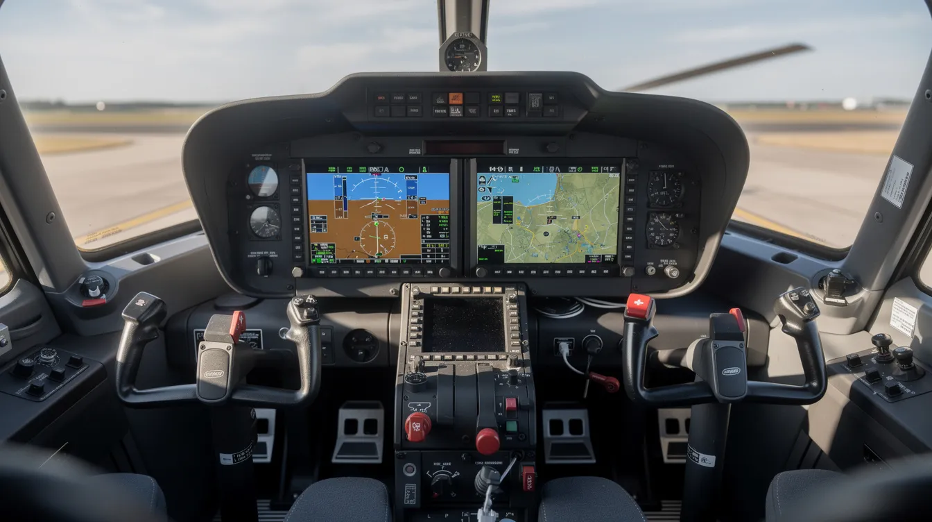 The image features a modern helicopter glass cockpit, showcasing dual digital displays and various flight instruments, typical of the advanced technology found in the Bell 505 Jet Ranger X. This innovative design emphasizes the evolution of aviation and engineering in helicopter performance and user experience.