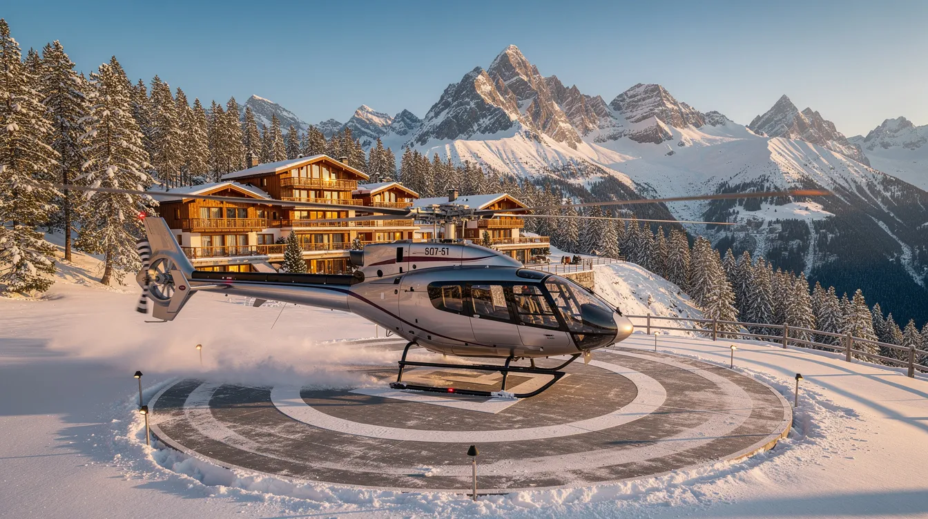 A bell 505 jet ranger helicopter is landing on a helipad at a mountain resort, with stunning snow-capped peaks rising majestically in the background, showcasing the beauty of aviation in a picturesque winter landscape.