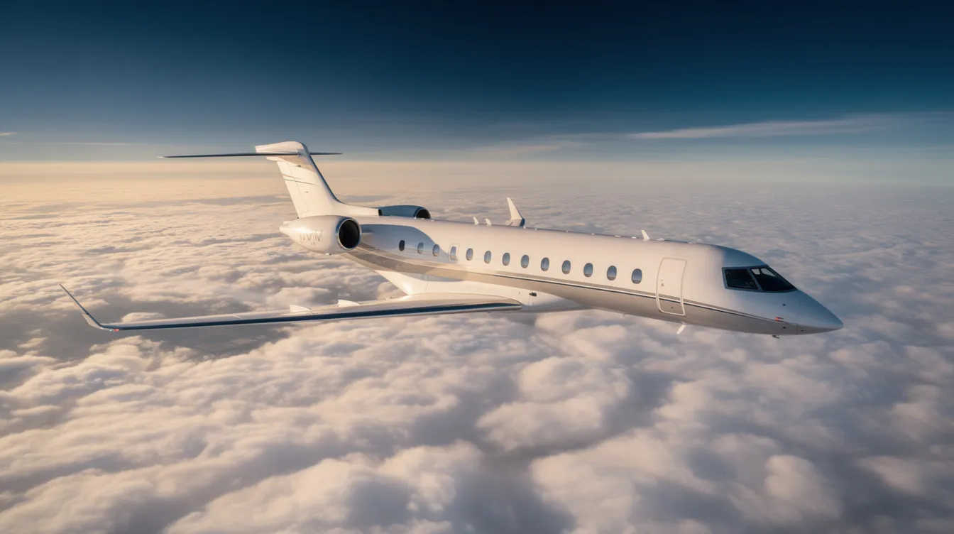 A sleek private jet, specifically a Falcon 900EX, glides effortlessly at high altitude above a thick blanket of fluffy white clouds, showcasing the elegance of modern aircraft design. The scene captures the tranquility of flight, highlighting the jet's ability to connect the world while soaring above the hustle of everyday life.