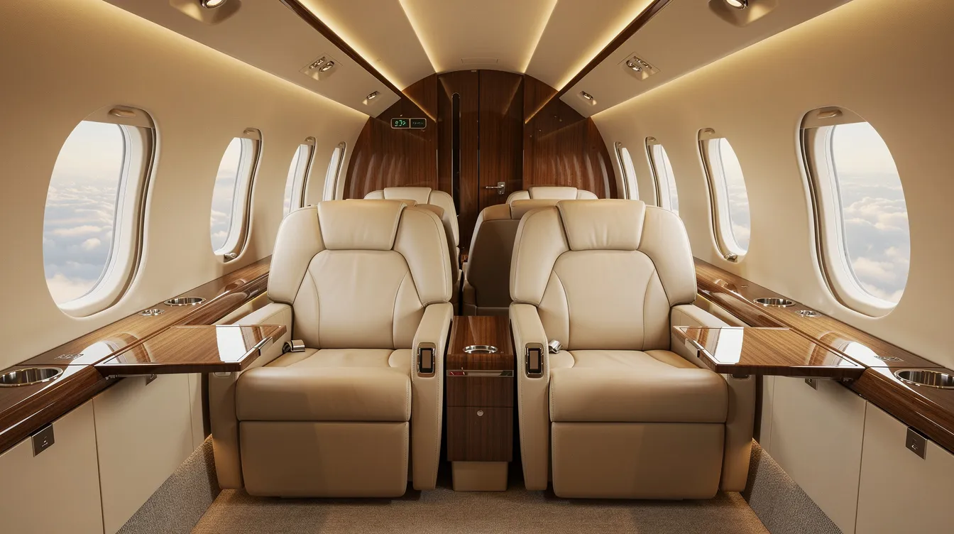 The image depicts the luxurious interior of a private jet cabin, featuring plush leather club seating arranged for comfort, wide windows allowing natural light to flood the space, and warm ambient lighting that creates an inviting atmosphere. This elegant setting is characteristic of high-end aircraft like the Falcon 900EX, perfect for business or leisure travel.