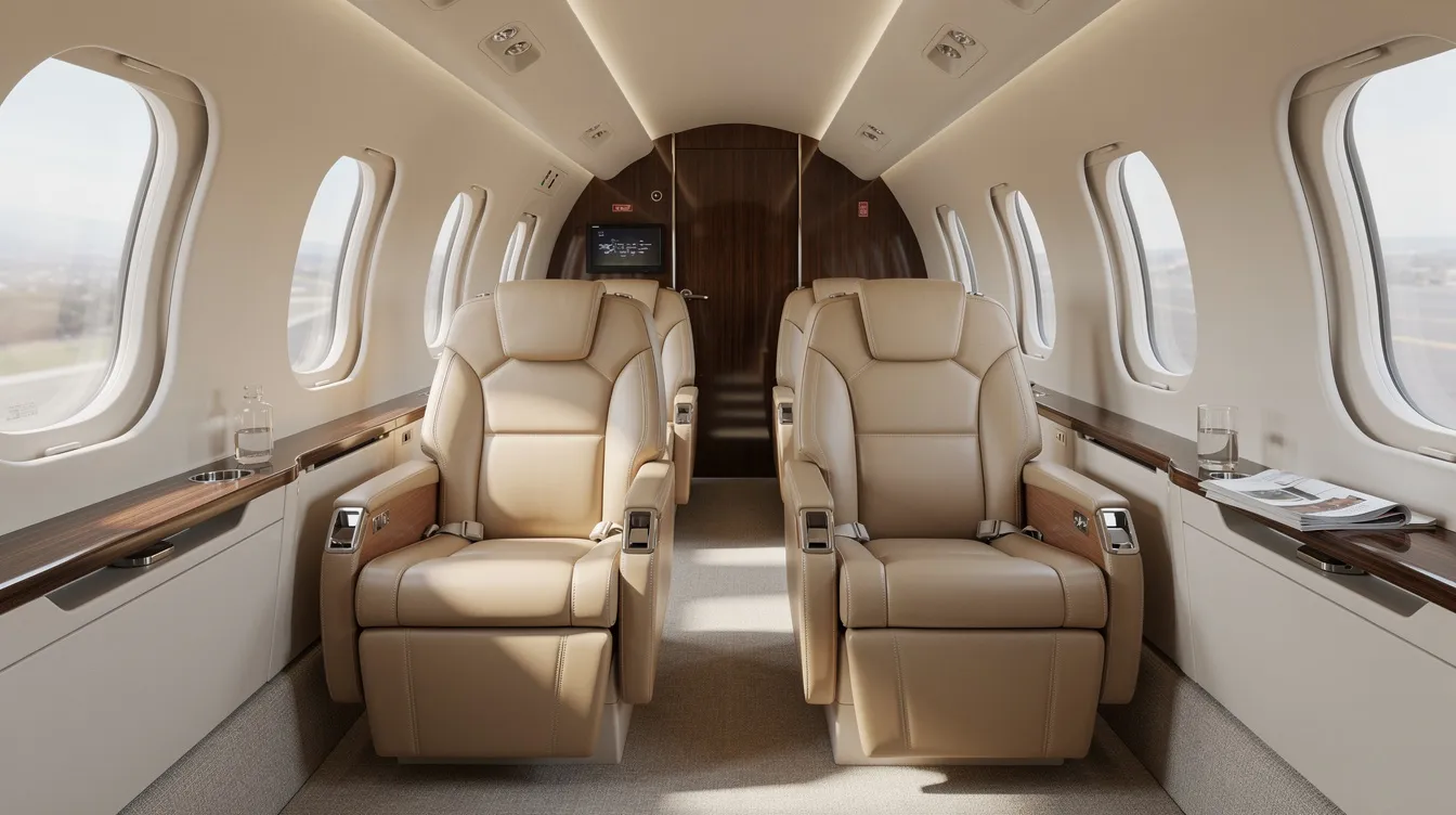 The image shows the interior of a midsize private jet cabin, featuring plush leather seats bathed in natural light, creating an inviting atmosphere for passengers. This luxurious space is designed for comfort and privacy, making it ideal for those seeking charter flights in private aviation.