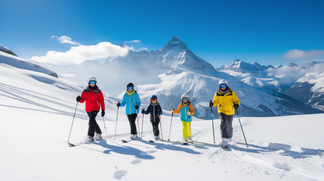 A family is joyfully walking across a snowy mountain landscape, dressed in ski gear, under a bright blue sky. The scene captures a perfect winter day, ideal for visitors looking to enjoy outdoor activities in Idaho's beautiful terrain, with potential charter flights available from Boise Airport for seamless travel to this stunning destination.