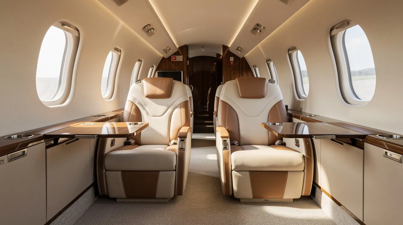 The image depicts the interior of a midsize private jet cabin, featuring luxurious leather seats and ample natural light streaming in from oval windows. This elegant space is designed for comfort and style, ideal for those seeking a private flight experience from Colorado Springs.