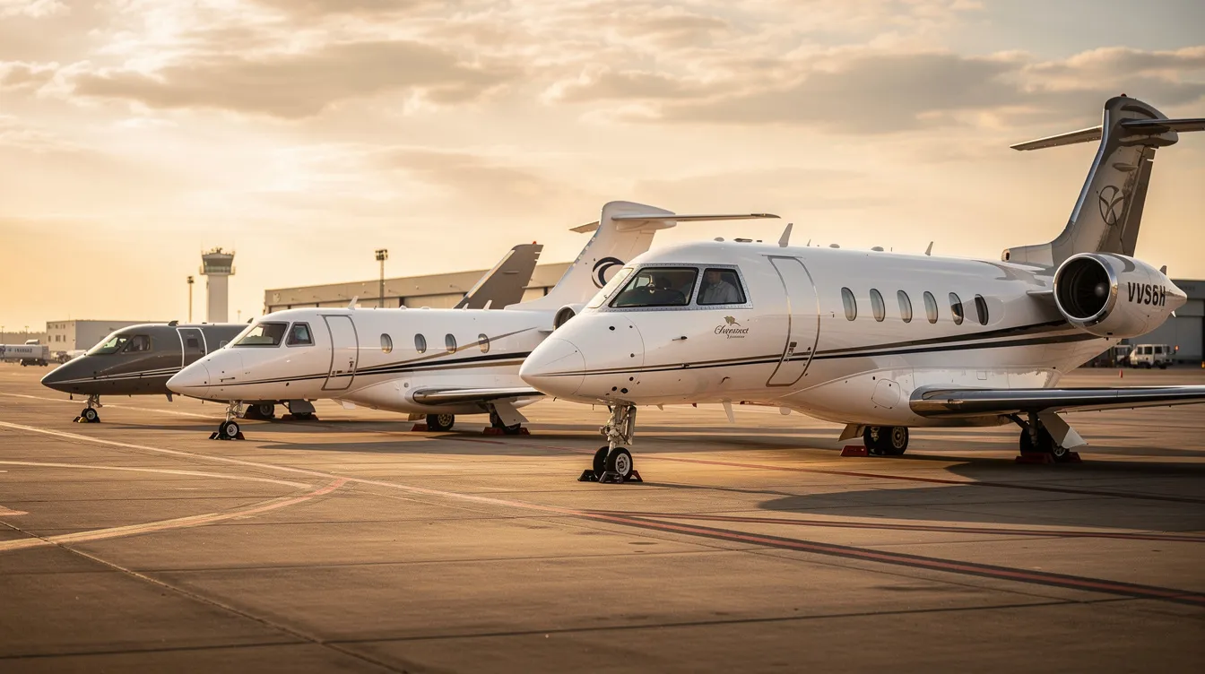 The image depicts several private jets of varying sizes parked neatly on an airport apron, showcasing the diversity of aircraft. This scene highlights the importance of aviation fuel in the industry, as jet fuel prices can significantly influence operational costs for airlines and private owners alike.