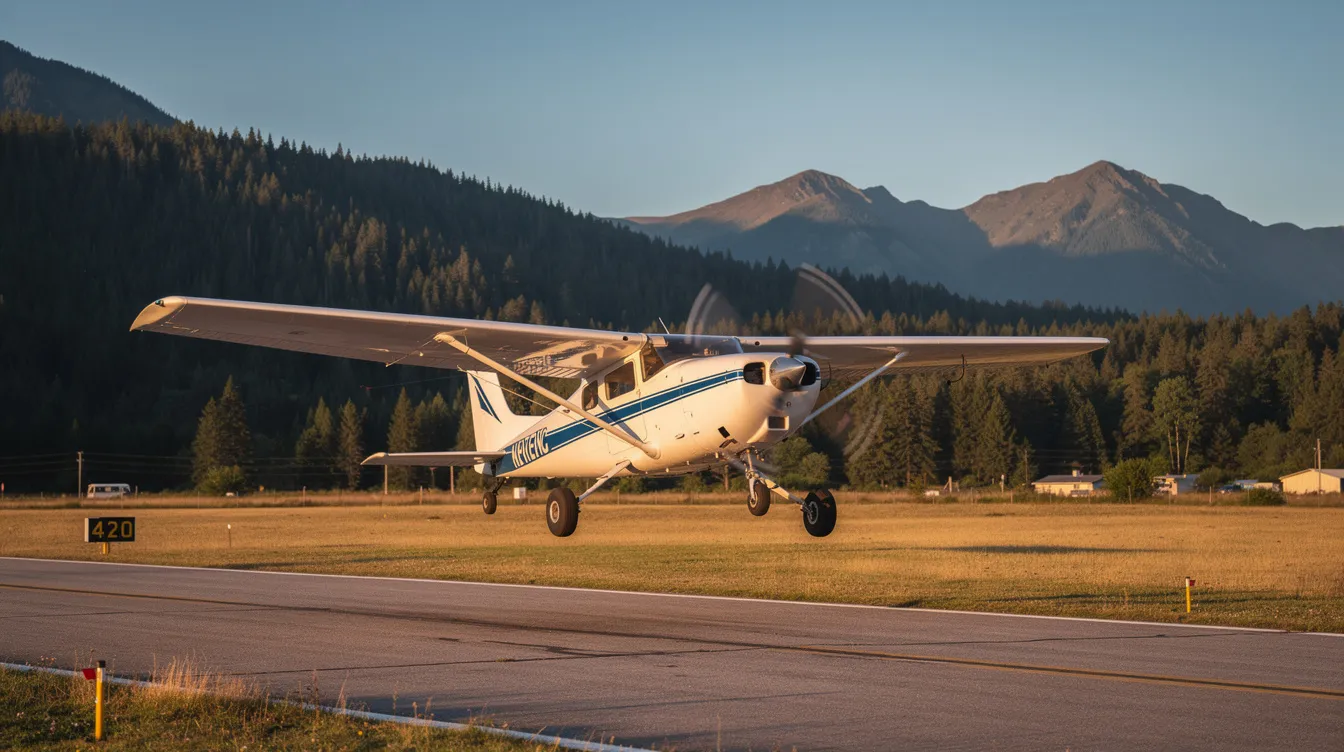 A small single-engine Cessna 182 airplane is taking off from a short paved runway, with pine-covered mountains in the background. This aircraft, known for its high wing design and efficient fuel economy, is capable of carrying four adults and showcases its reliable performance in general aviation.
