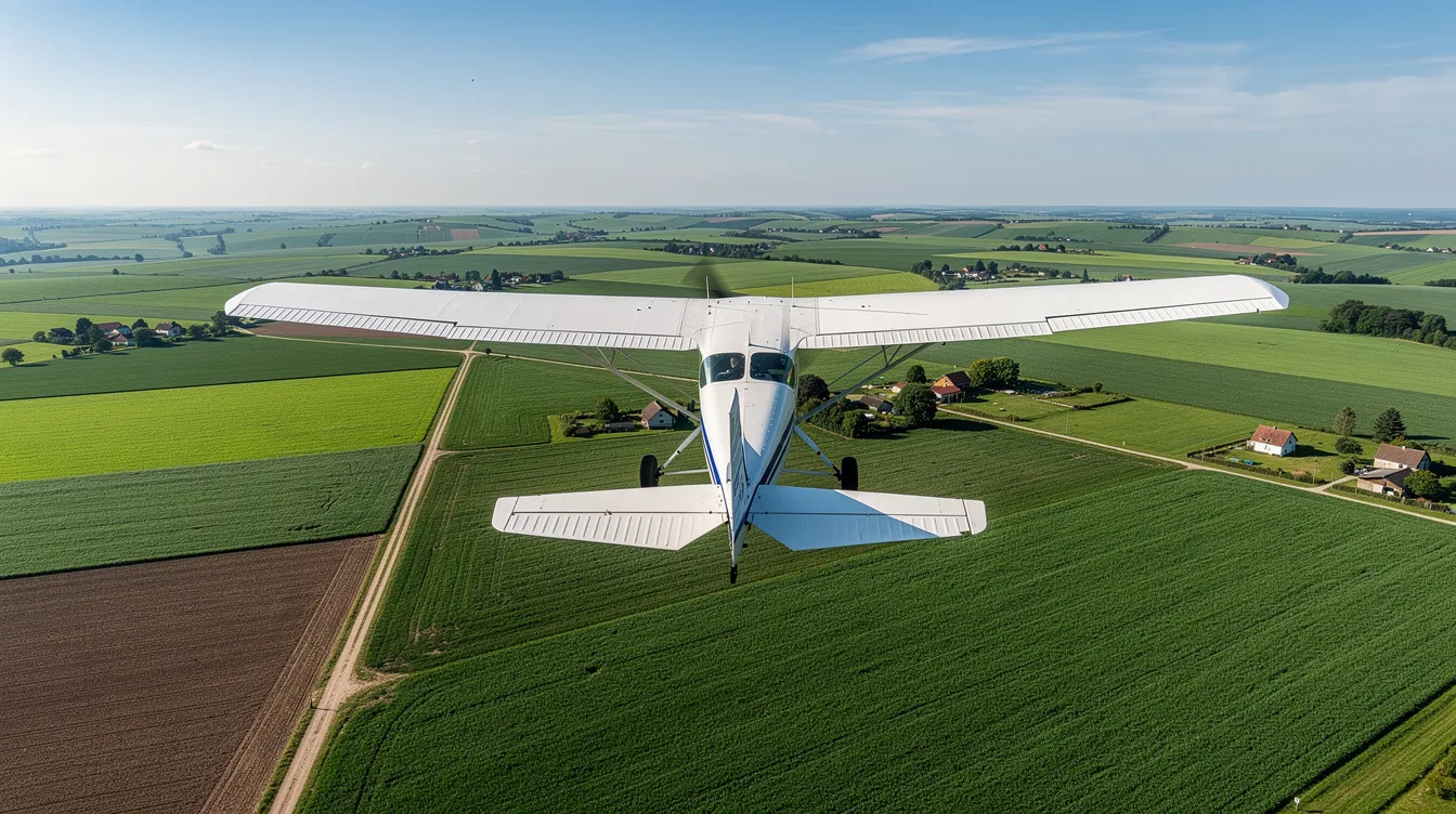 An aerial view captures a single-engine high-wing airplane, resembling a Cessna 182, soaring over lush green farmland on a clear day. This image showcases the aircraft's design and flight capabilities, highlighting its efficient fuel economy and load carrying capability.