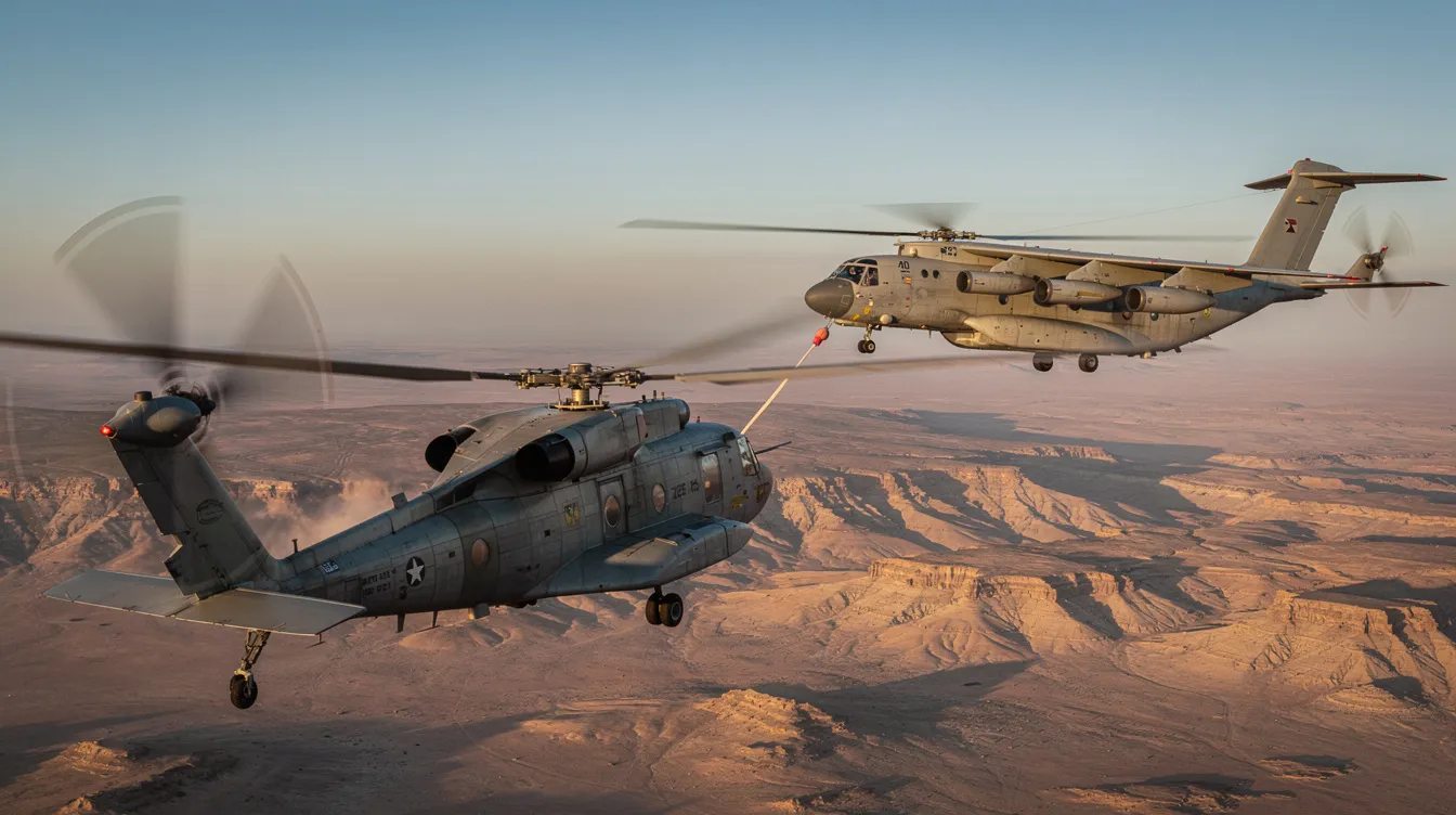 A military helicopter is seen approaching a tanker aircraft for aerial refueling over arid desert terrain, showcasing the advanced helicopter technology that enables extended range capabilities. This operation highlights the importance of fuel management and efficiency for military helicopters during missions in remote locations.
