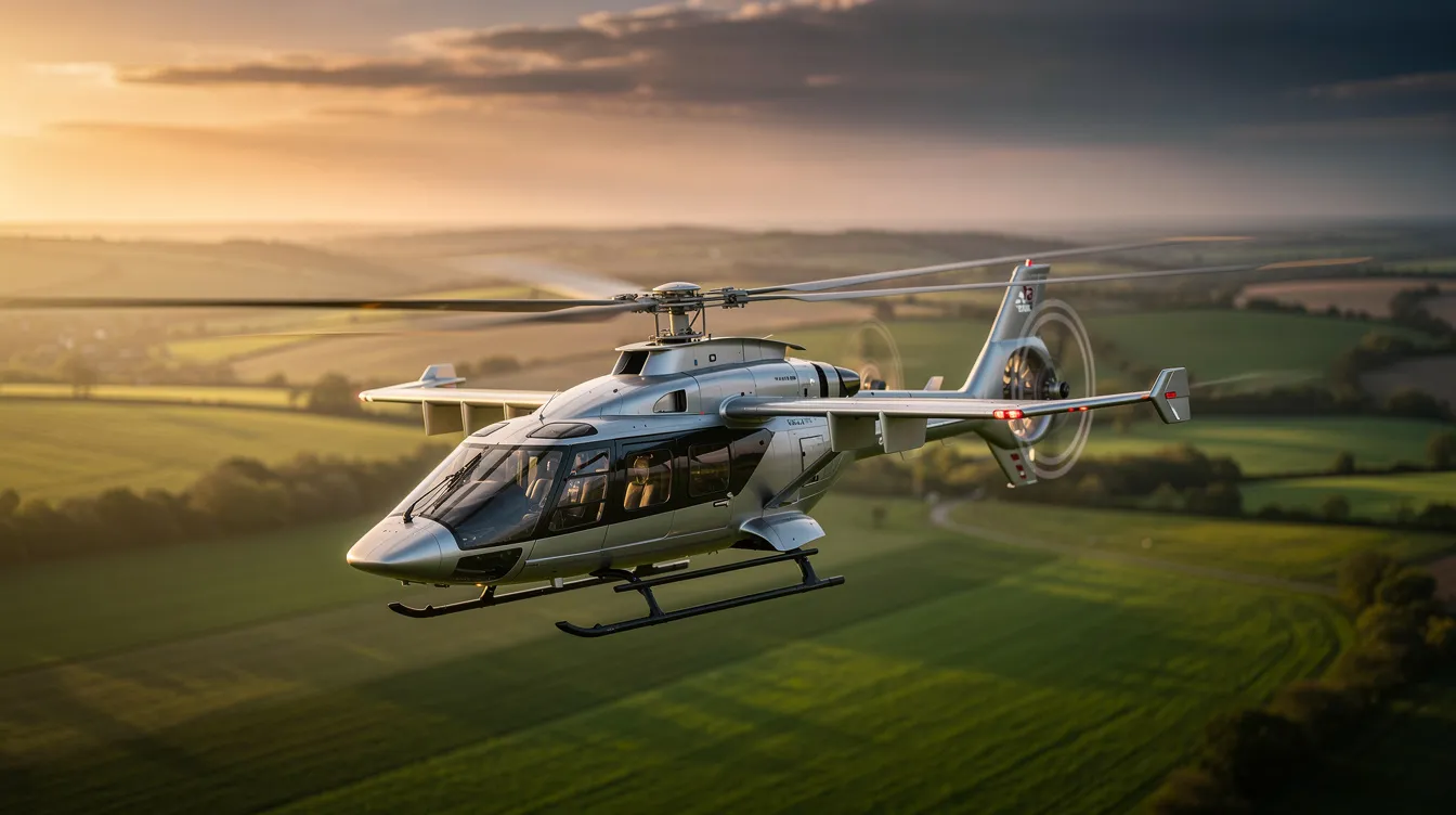A modern compound helicopter prototype is soaring through a vibrant sunset sky above a lush green landscape, showcasing advanced helicopter technology and impressive range capabilities. This scene highlights the helicopter's fuel efficiency and the potential for search and rescue operations in remote locations.