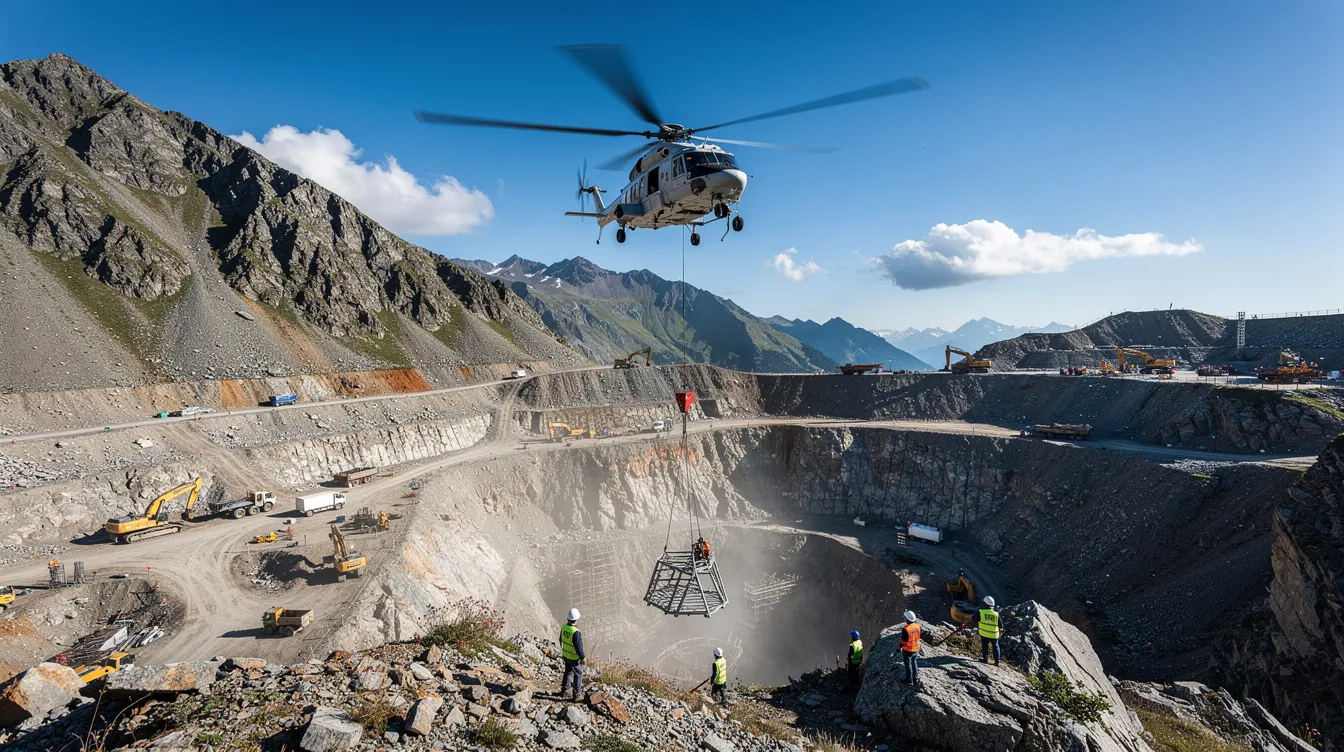 A helicopter is hovering above a mountainous construction site, carrying a sling load attached underneath, showcasing the impressive capabilities of modern helicopters in transporting heavy materials to remote locations. The scene highlights the helicopter's advanced technology and fuel efficiency, essential for operations in challenging environments.