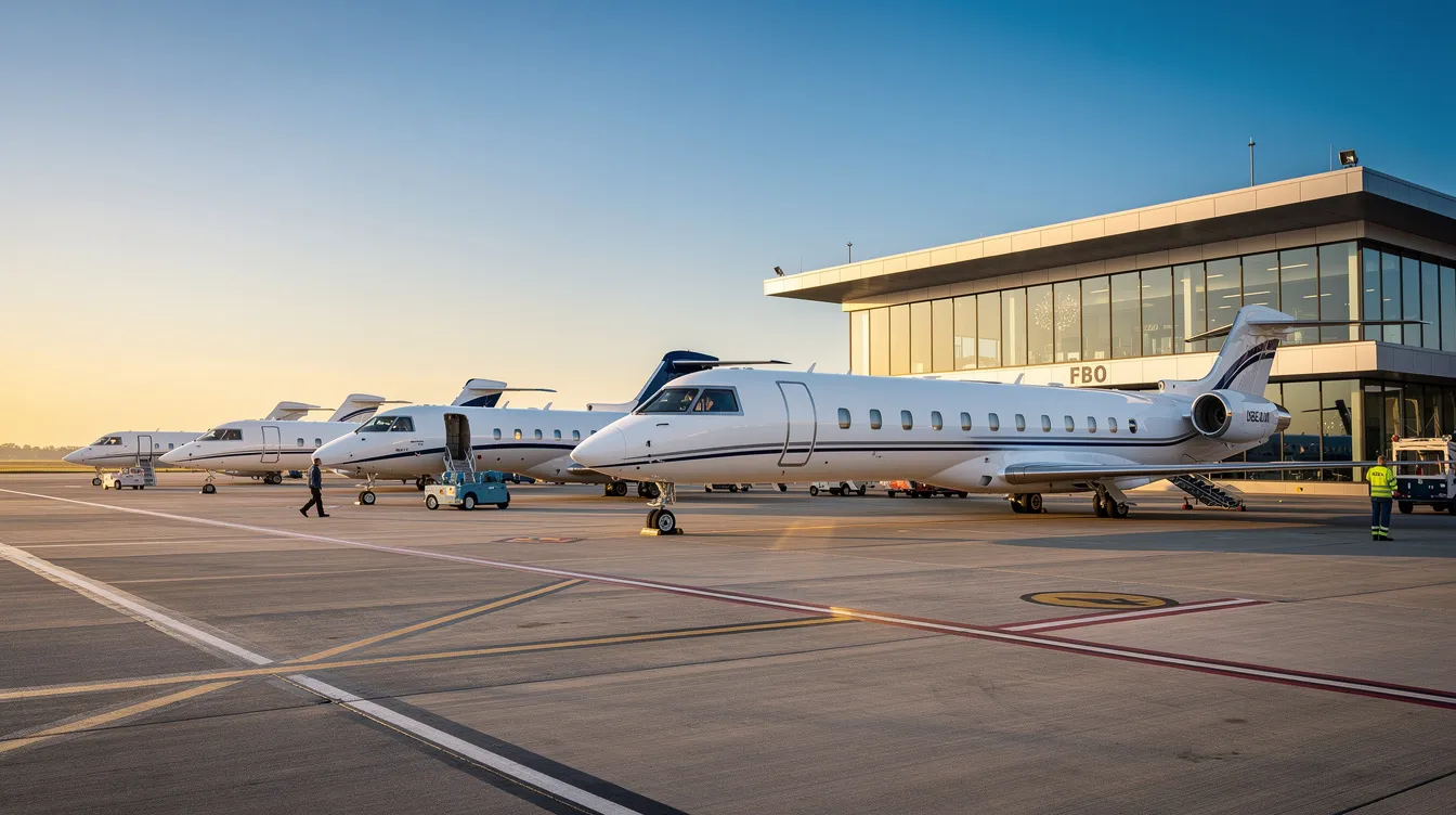 The image depicts multiple business jets parked at a fixed-base operator terminal on a clear morning, showcasing the luxury and availability of private jets in the aviation market. This scene highlights the investment opportunities for aircraft owners and buyers interested in private aviation.