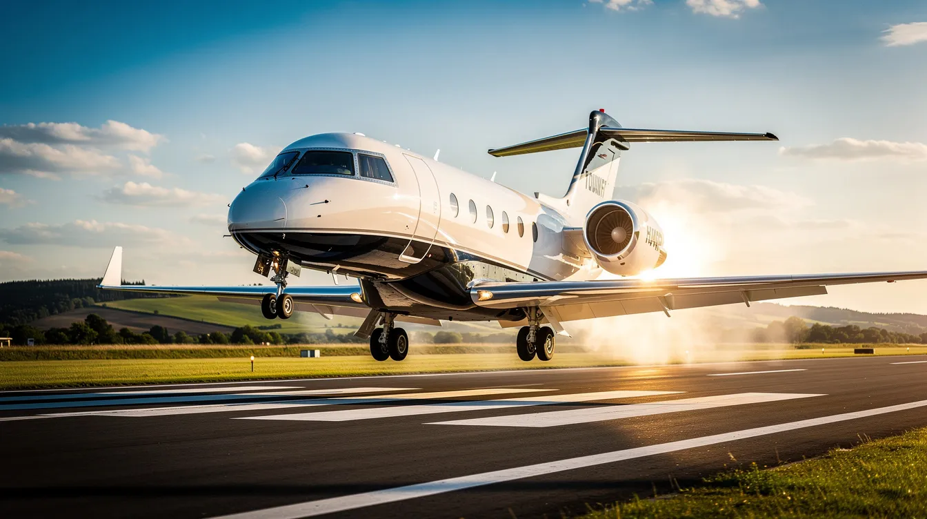 A sleek midsize private jet is landing on a sunlit runway, surrounded by a lush green landscape, showcasing the elegance of private aviation. This moment highlights the luxury and performance of private jets, appealing to potential buyers interested in aircraft sales and ownership.