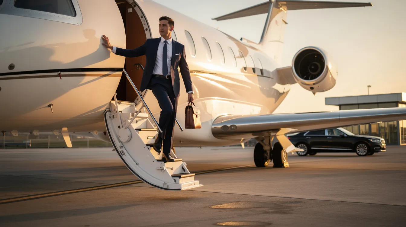 A business professional confidently steps out of a private jet at a private terminal, showcasing the luxury and convenience of private aviation. The scene highlights the elegance of aircraft ownership and the investment opportunities in private jet sales.