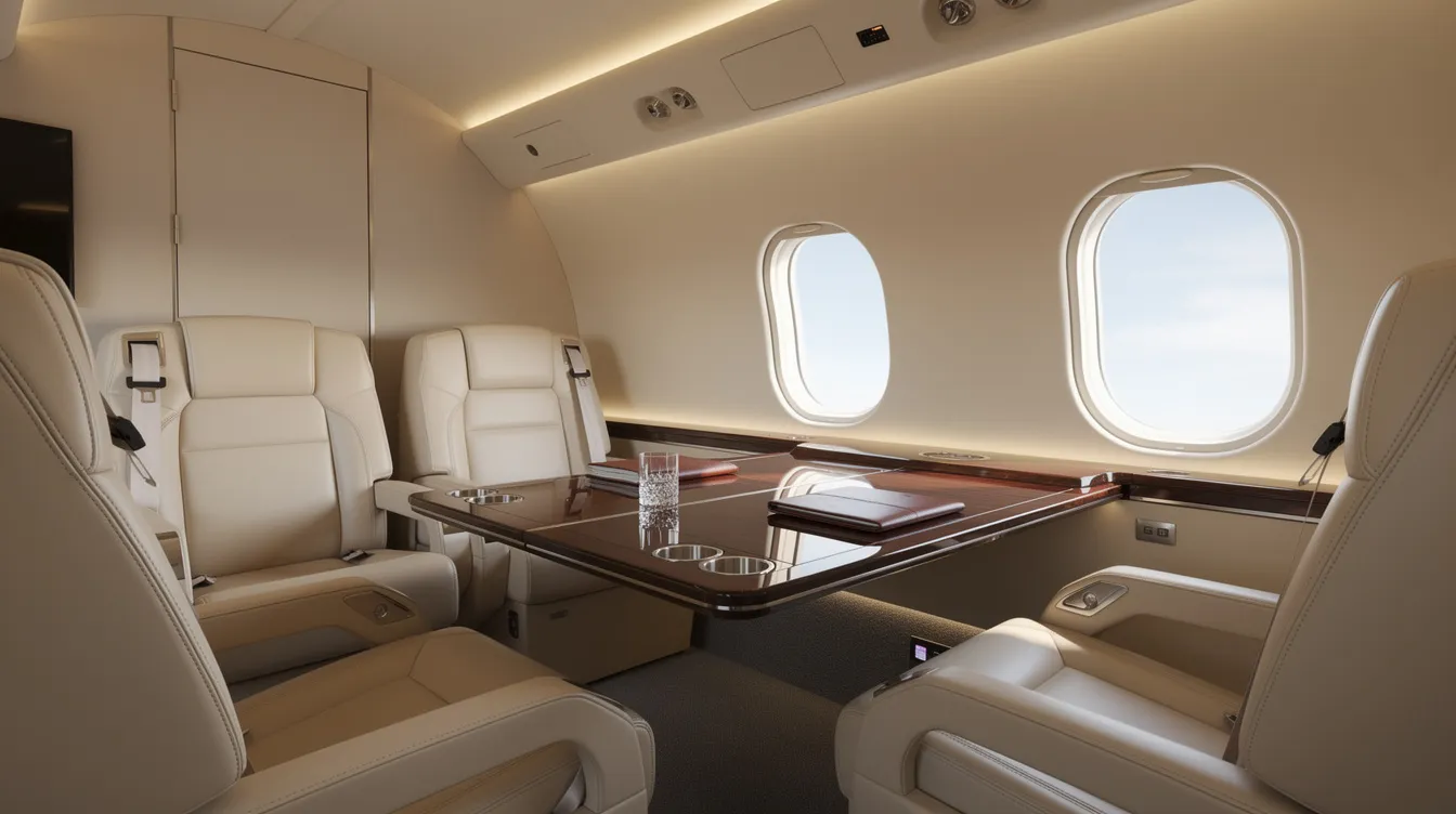 The image depicts the interior of a midsize private jet cabin, featuring luxurious leather seats and a polished wood table, creating an impressive atmosphere for relaxation or business meetings. This elegant setting is perfect for those who appreciate comfort while traveling, reminiscent of the high status associated with NFL teams like the New York Jets.