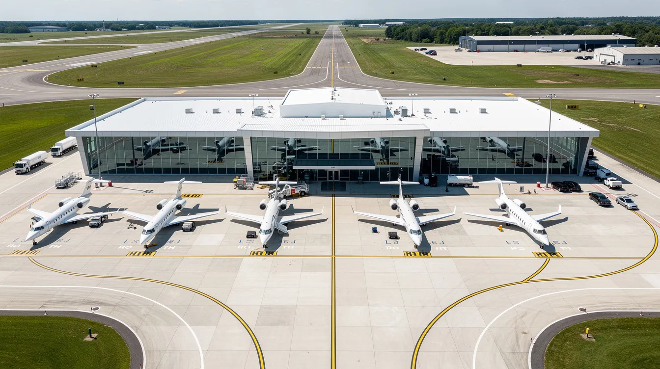 An aerial view of a private aviation terminal showcases several small jets lined up neatly on the tarmac, with a backdrop of urban scenery that hints at a bustling city atmosphere. This impressive sight captures the essence of luxury travel, reminiscent of the excitement surrounding NFL teams like the New York Jets and Denver Broncos as they prepare for their games.