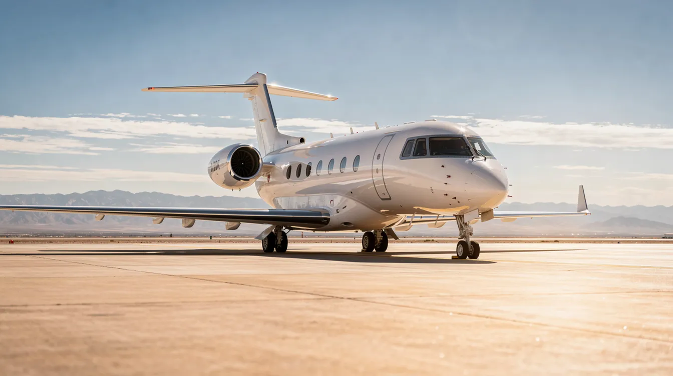 A sleek white private jet is parked on a sunlit tarmac, with distant mountains rising in the background, embodying a sense of luxury and exclusivity often associated with high-profile figures like Kim Kardashian. The scene reflects the elegance and transparency of private travel services in California.
