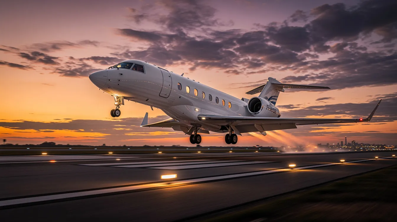 A private jet ascends into the sky, silhouetted against a stunning sunset that features a gradient of orange and purple hues. This scene evokes a sense of luxury and exclusivity, reminiscent of the lifestyle associated with high-profile investors and partnerships in California.