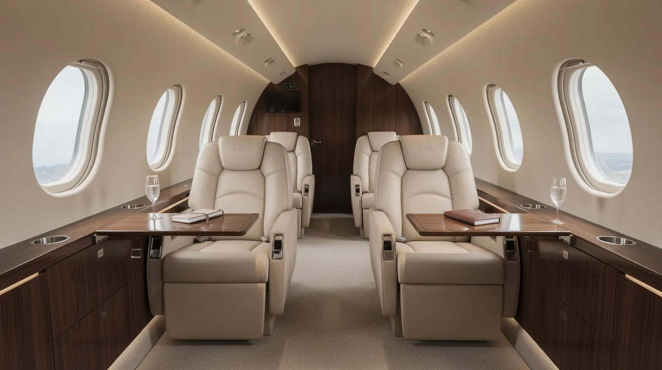 The image depicts the interior of a modern private jet cabin featuring luxurious cream leather seats and elegant wood-grain finishes, creating a sophisticated atmosphere perfect for high-profile meetings and partnerships. This sleek design reflects the transparency and style often associated with California's elite, including notable figures like Kim Kardashian.