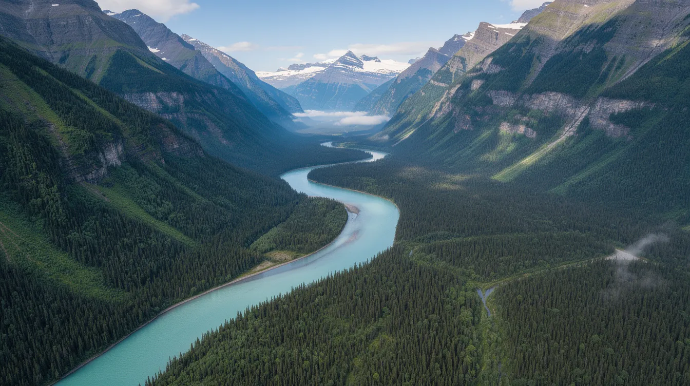 An aerial view captures a winding river meandering through the lush, dense green forests and majestic mountain valleys of British Columbia, showcasing the natural beauty of western Canada. This stunning landscape reflects the essence of the North Cariboo region, highlighting the harmony between water and wilderness from an aviation perspective.